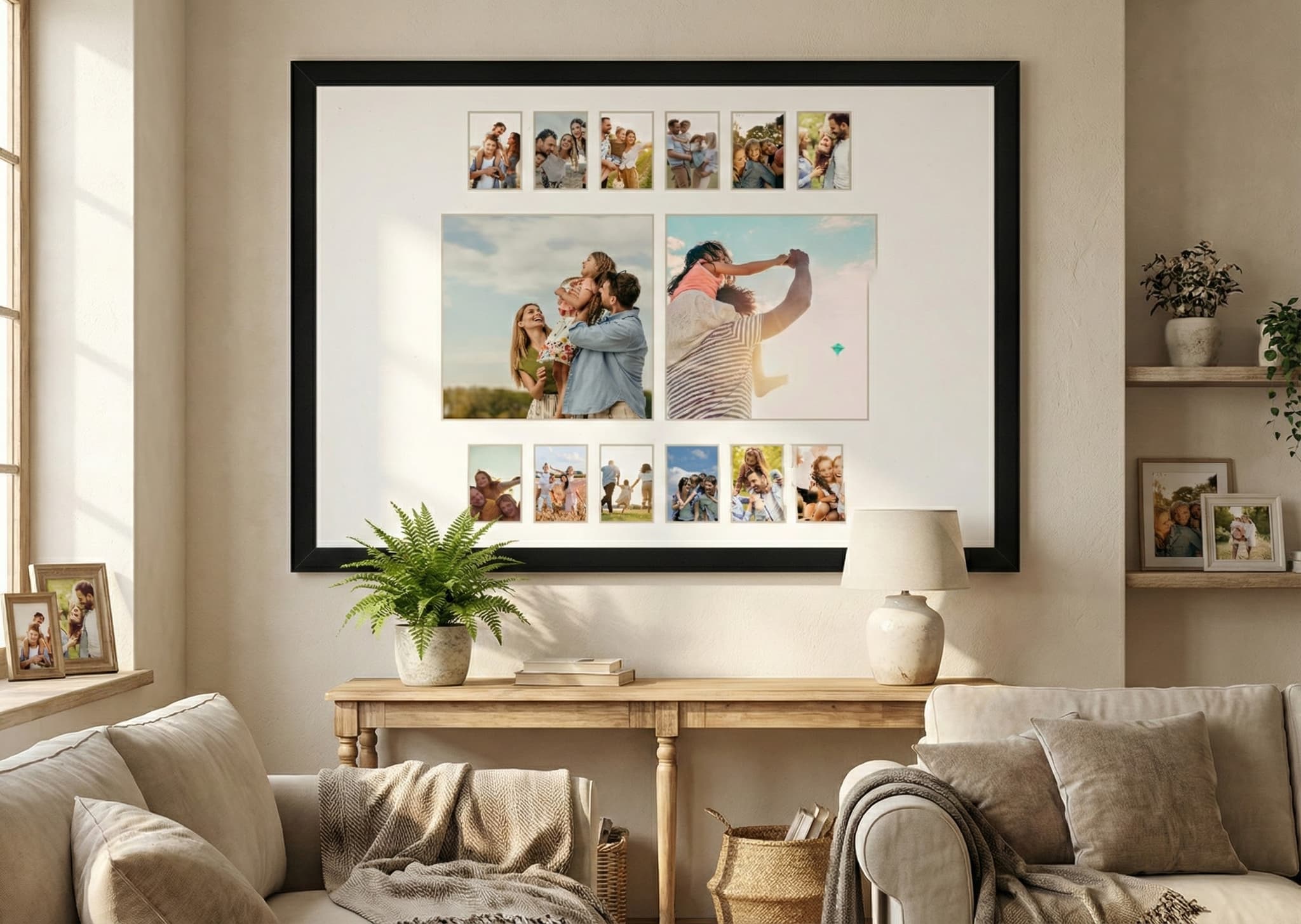 Professional collage frame arrangement with family and pet photos
