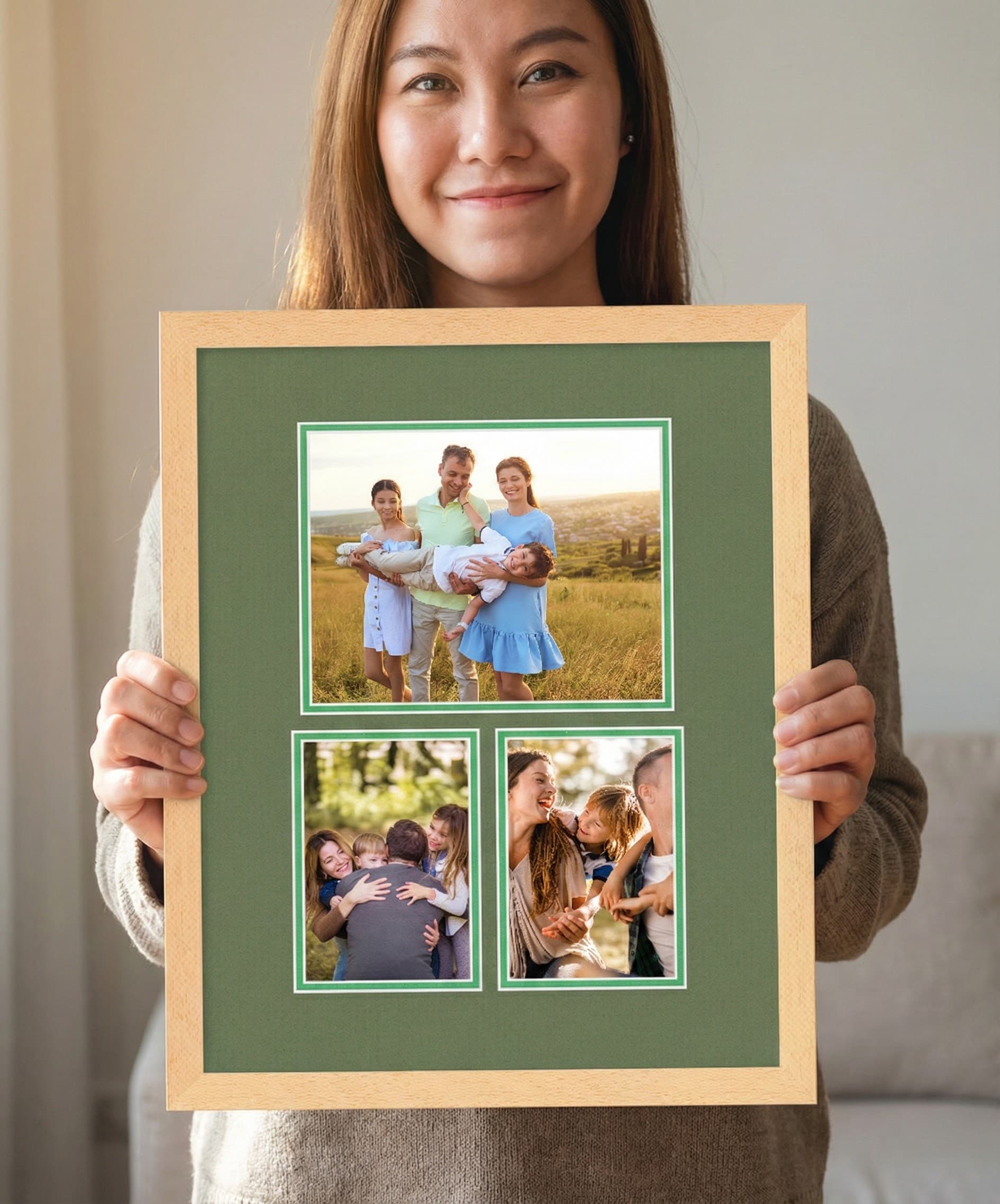 Custom collage frame displaying wedding and family memories on living room wall