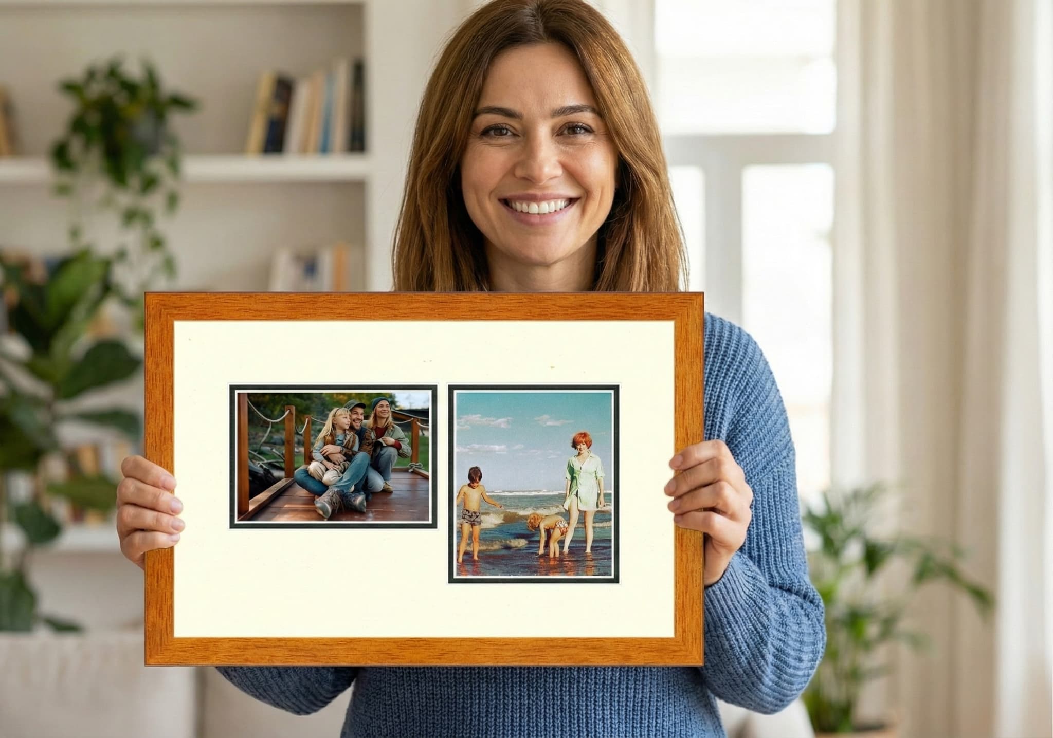 Large collage picture frame with family portraits arranged in modern layout