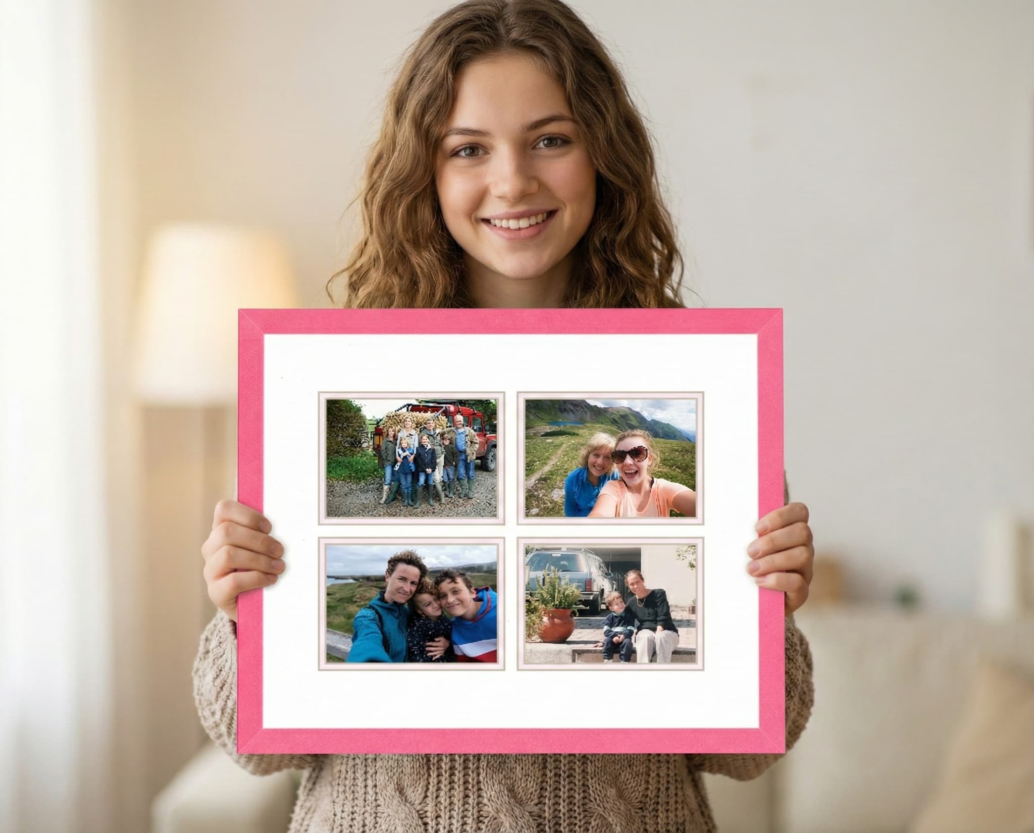 Family memories displayed in large custom collage frame with white mat