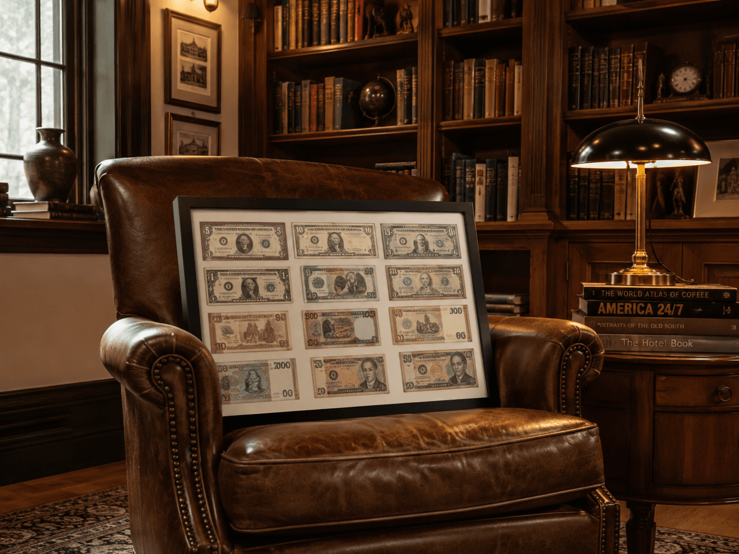 Collector's framed dollar bill keepsake on a shelf