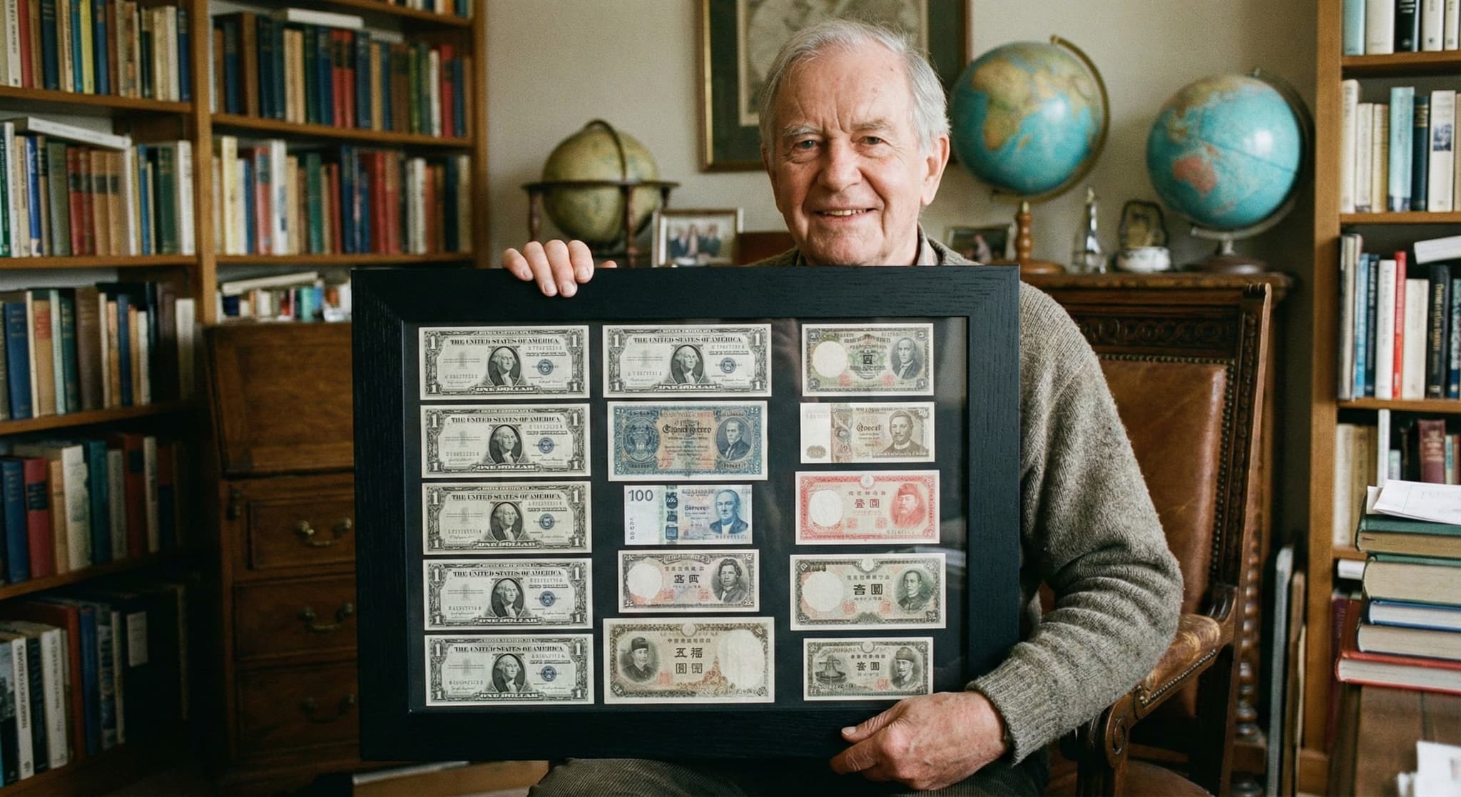 Custom banknote display case with several notes matted under glass