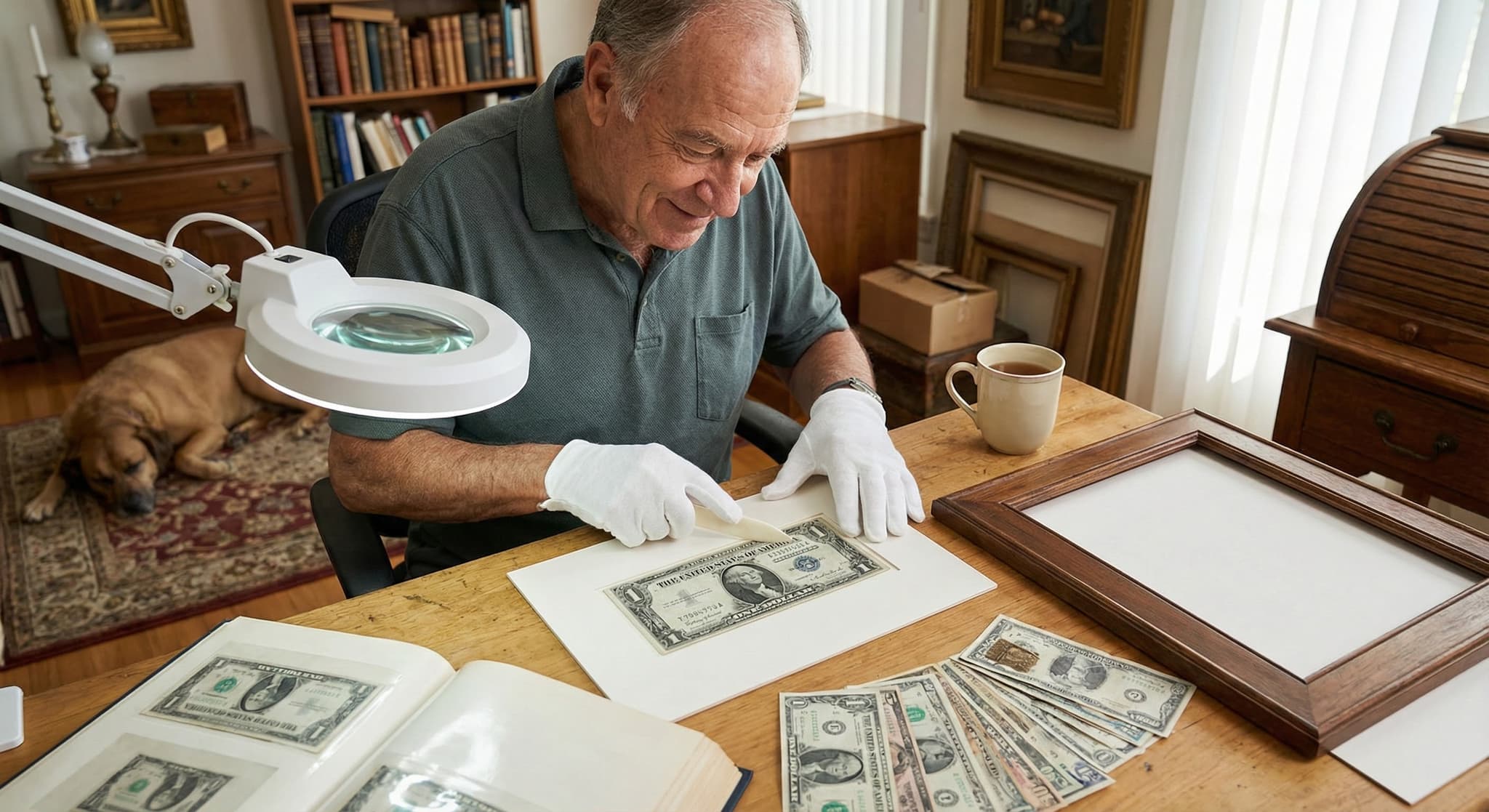 Framed first-dollar-earned keepsake in a business setting