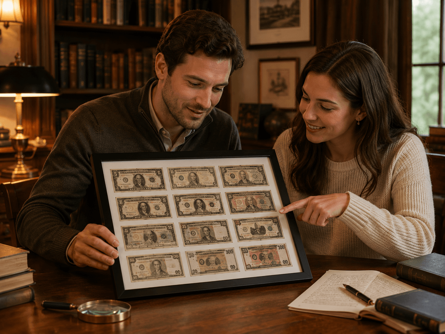Framed coin and currency collection displayed on a home wall