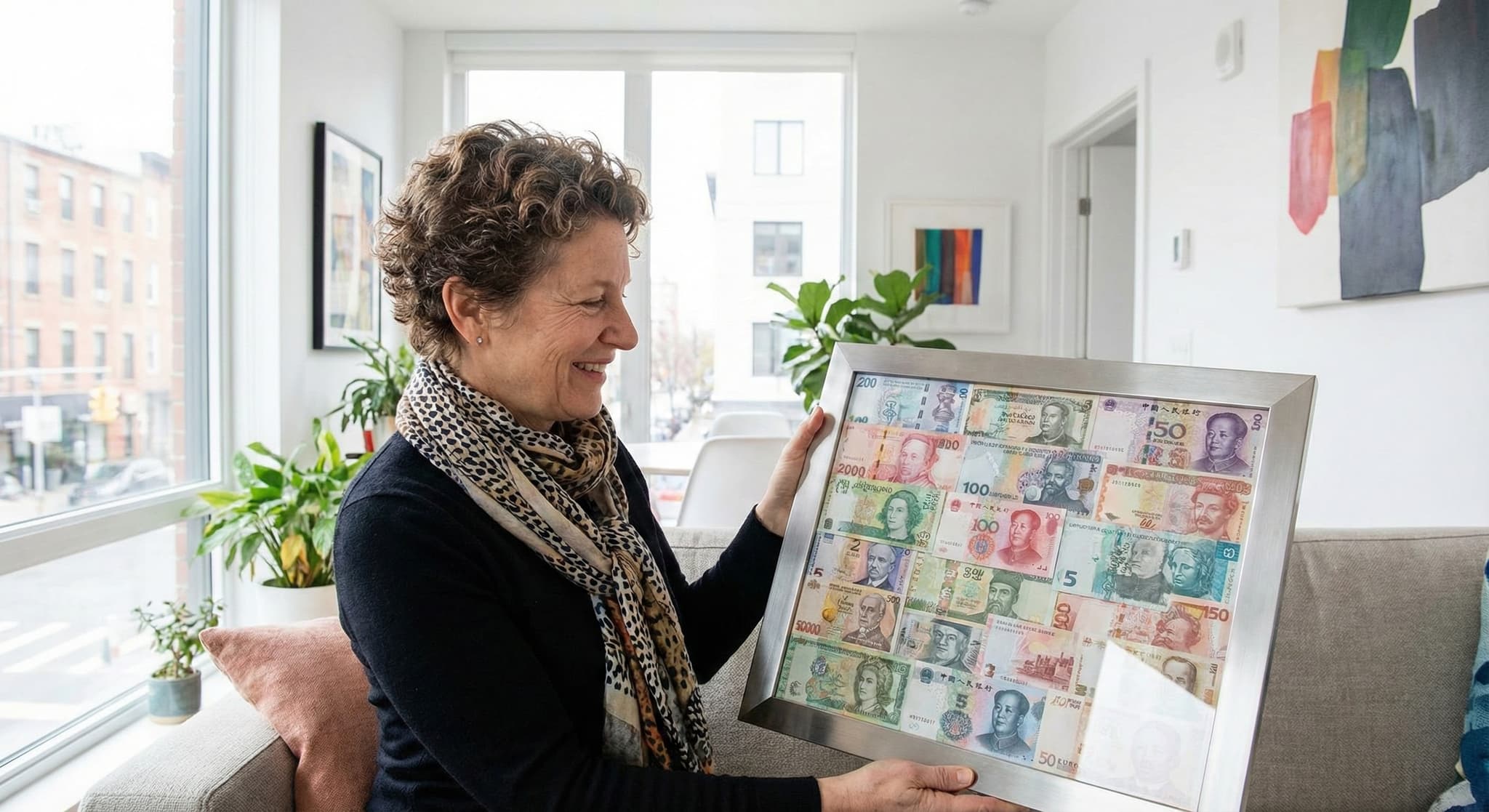 Collector's framed dollar bill keepsake on a shelf