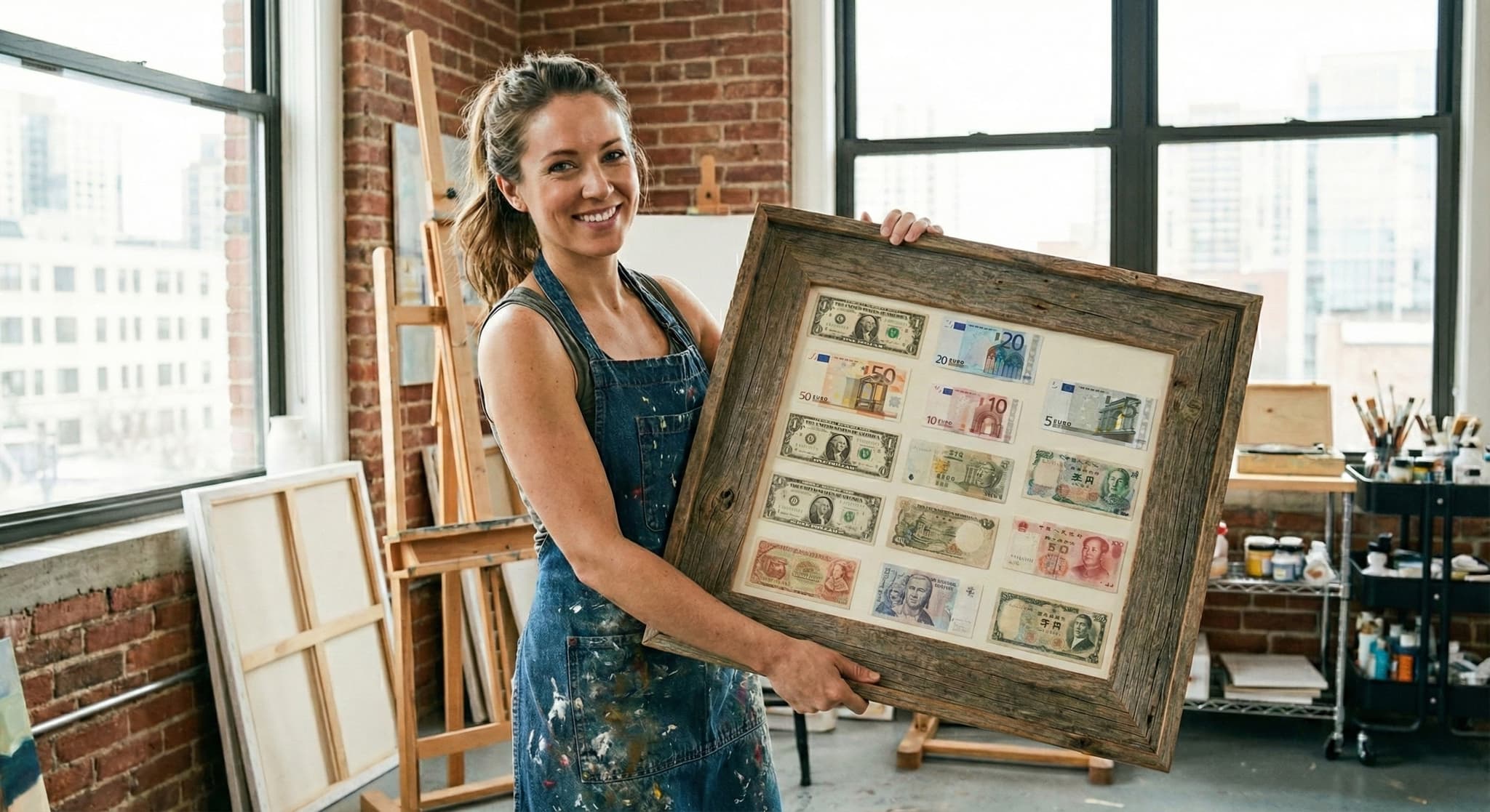 Custom banknote display case with several notes matted under glass