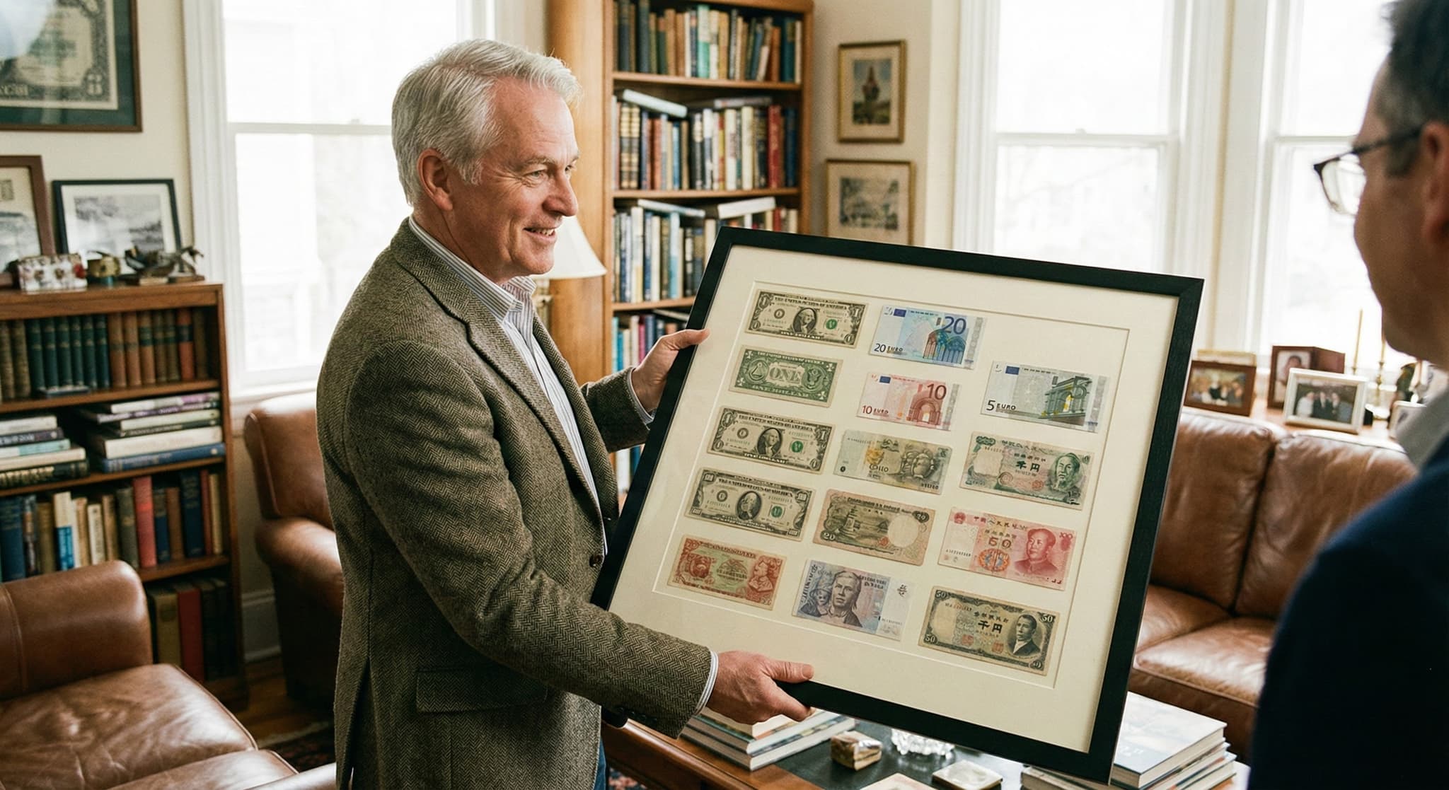 Framed coin and currency collection displayed on a home wall