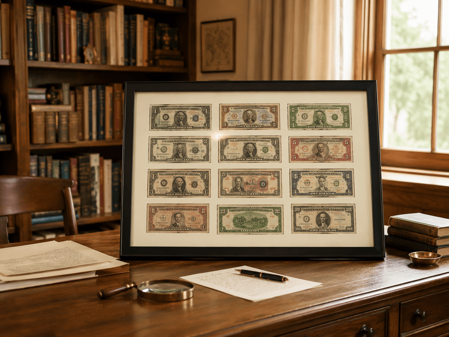 Shadow box currency display holding graded banknote slabs