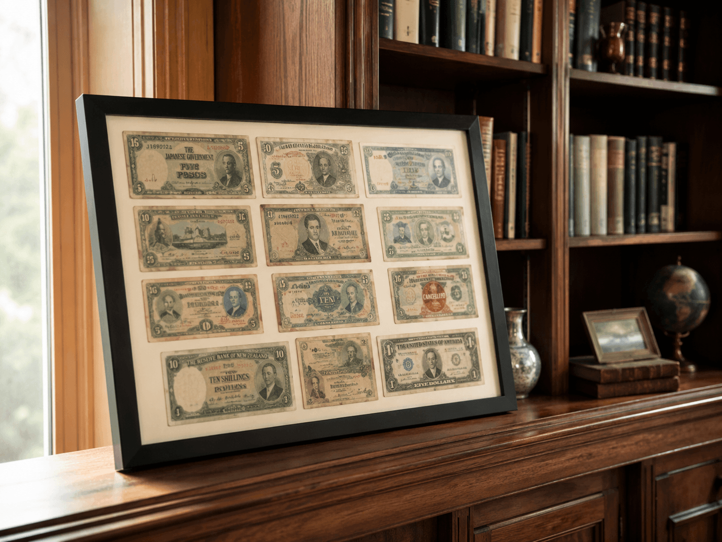 Custom banknote display case with several notes matted under glass
