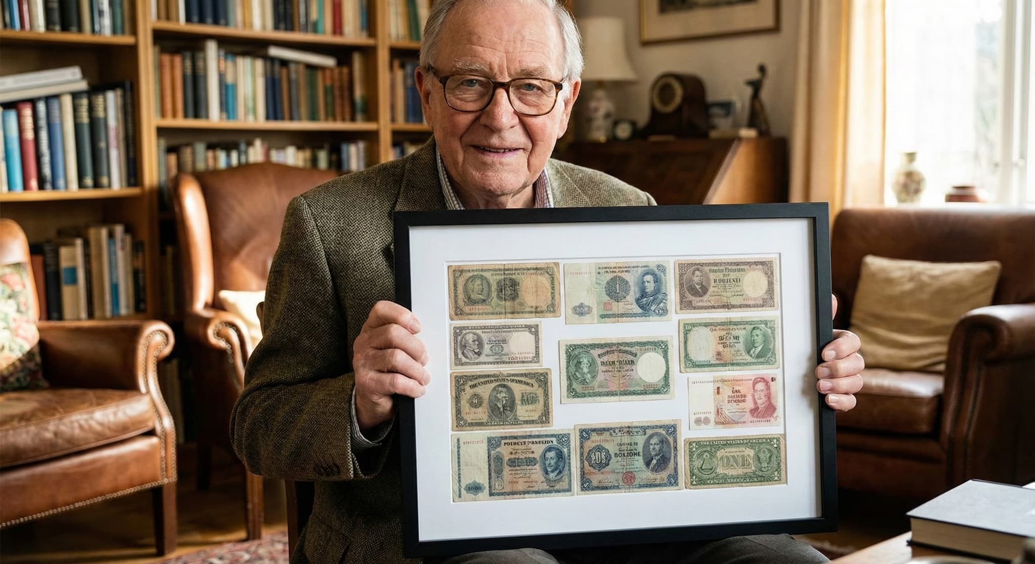 Custom currency frame displaying matted paper banknotes in a shadow box