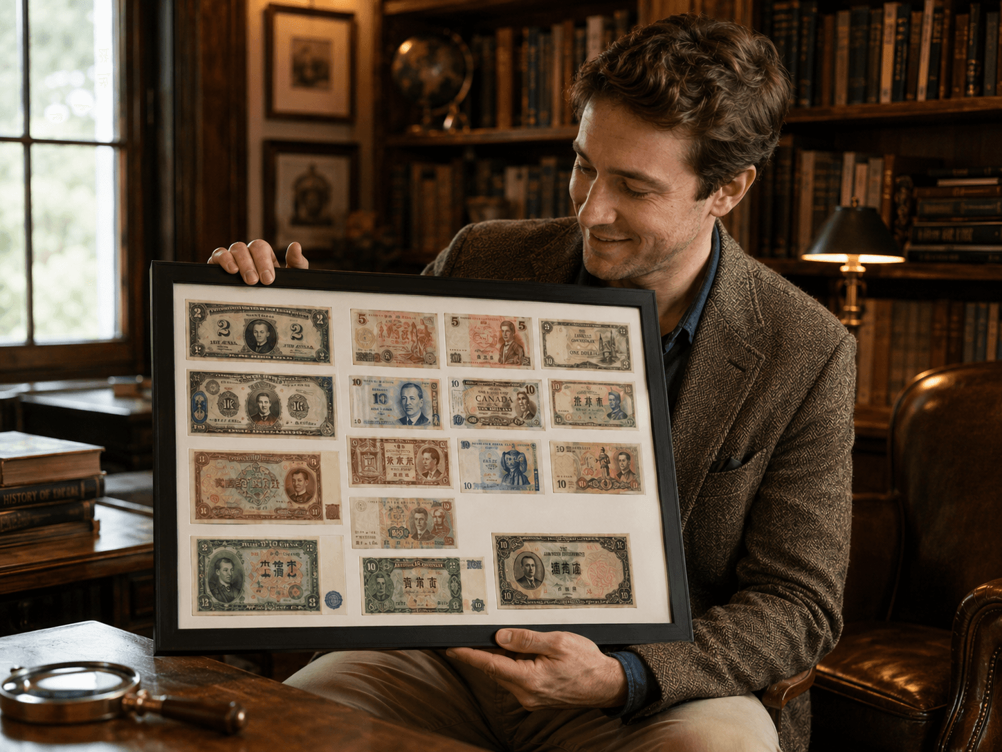 Framed coin and currency collection displayed on a home wall