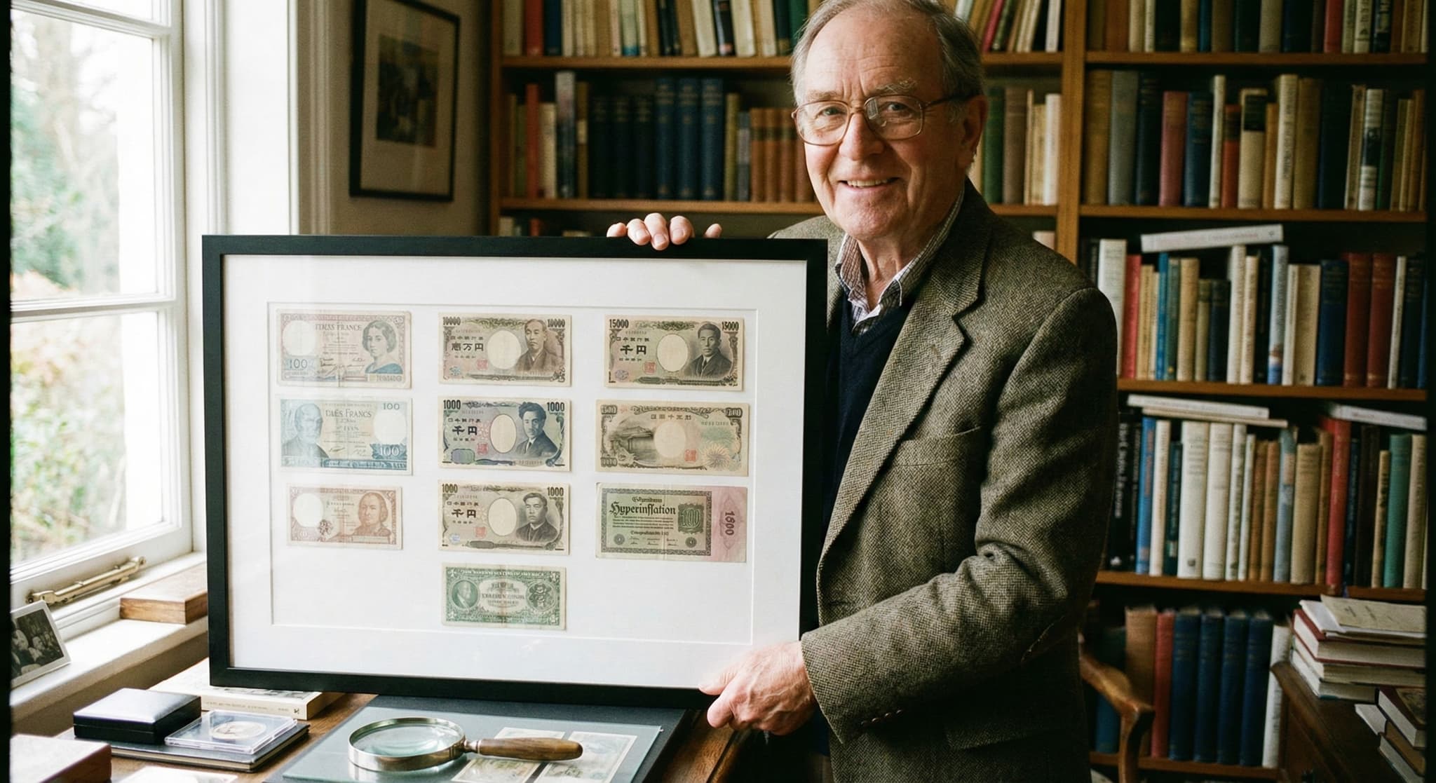 Shadow box currency display holding graded banknote slabs