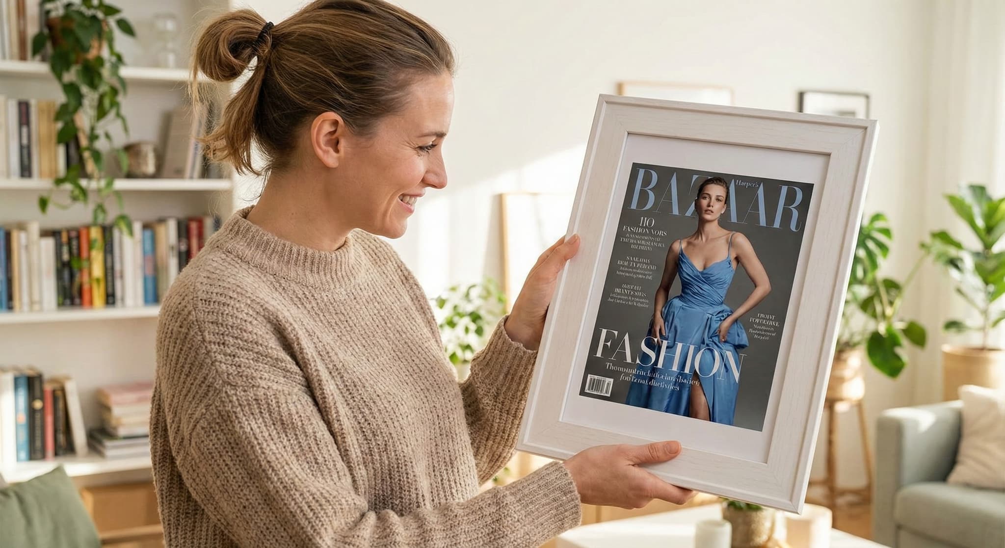 Fashion magazine cover art displayed in elegant frame setting