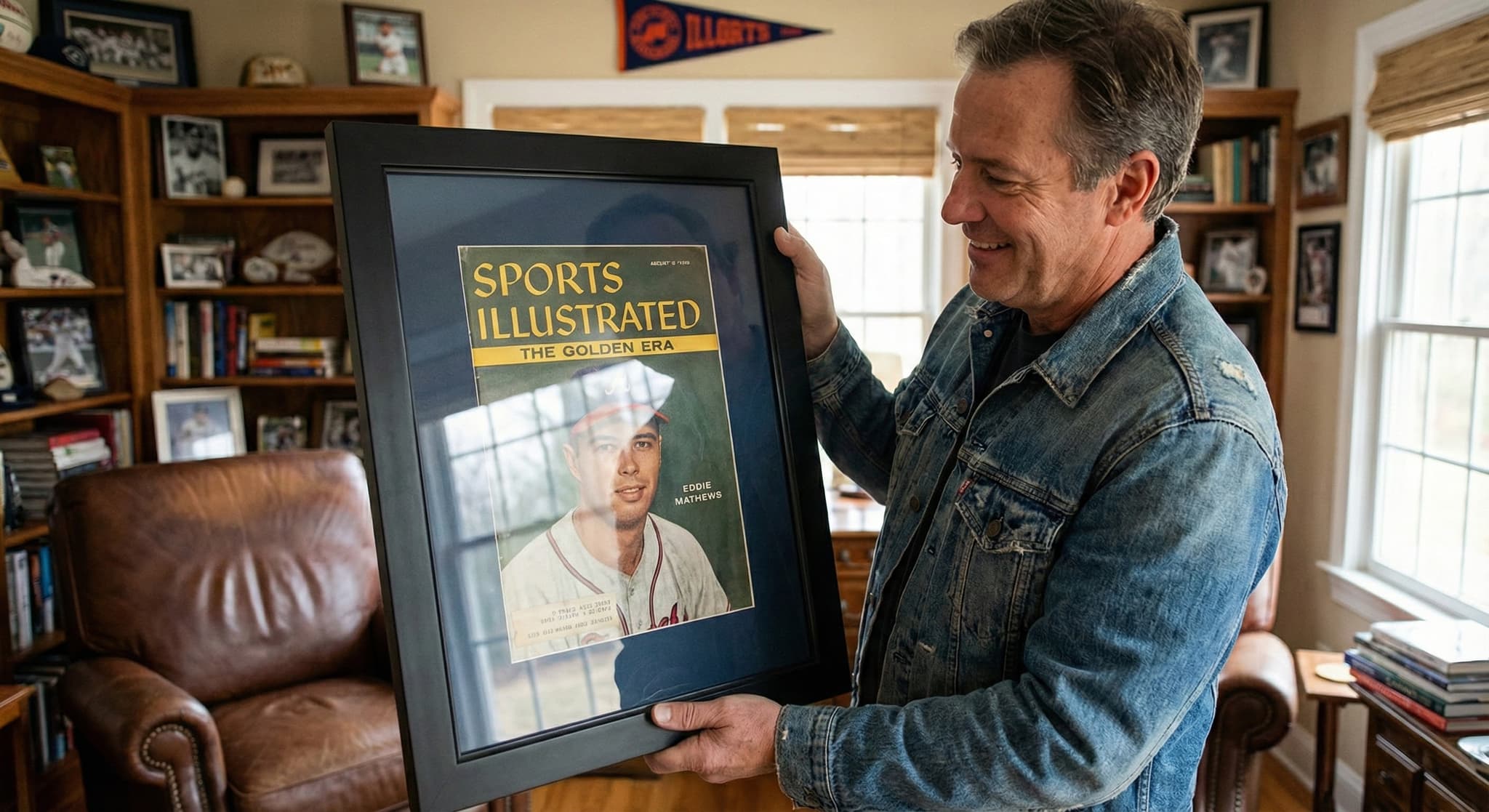 Sports memorabilia magazine framed with team-coordinated matting