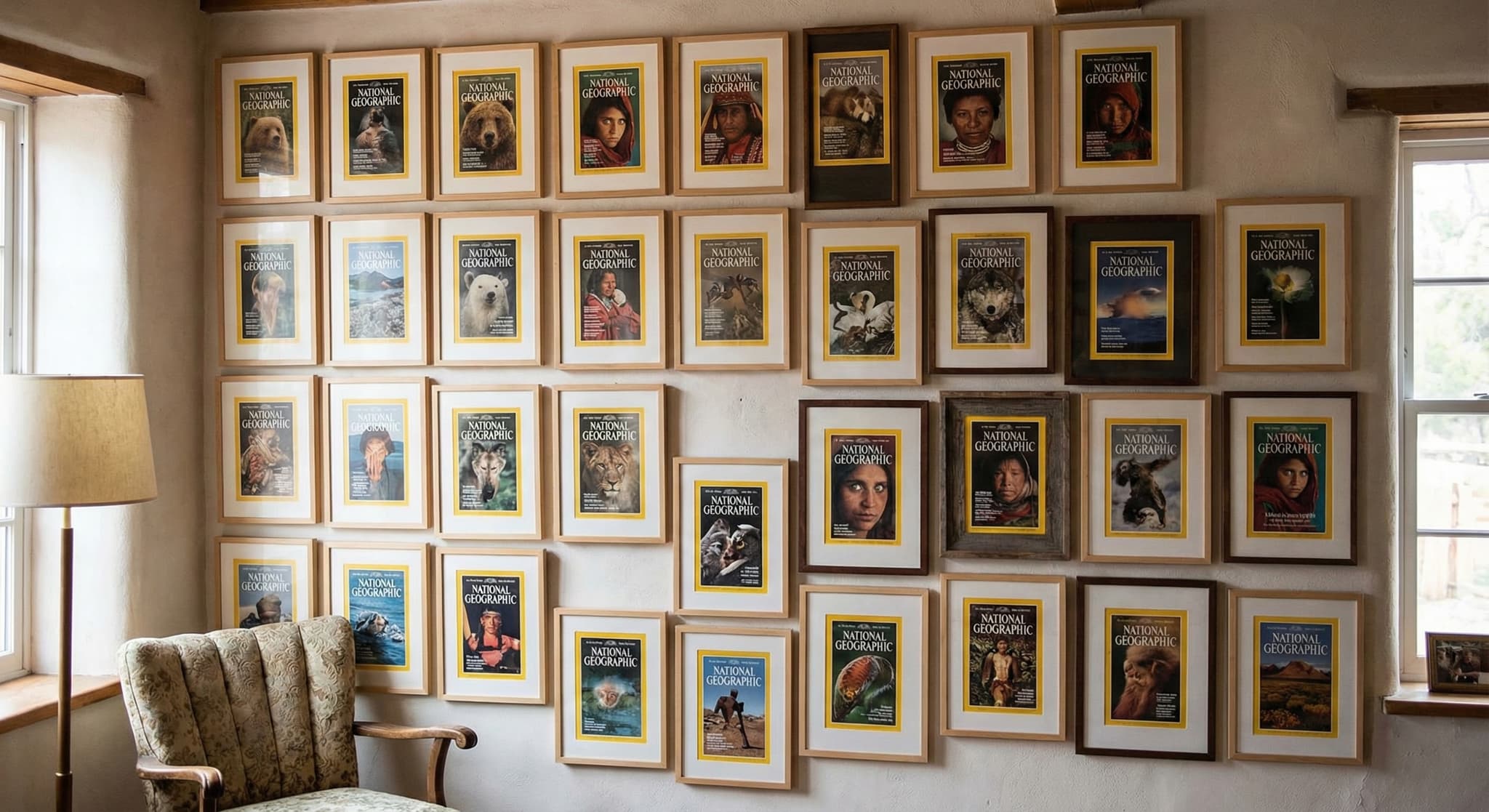 National Geographic gallery wall with coordinated frames