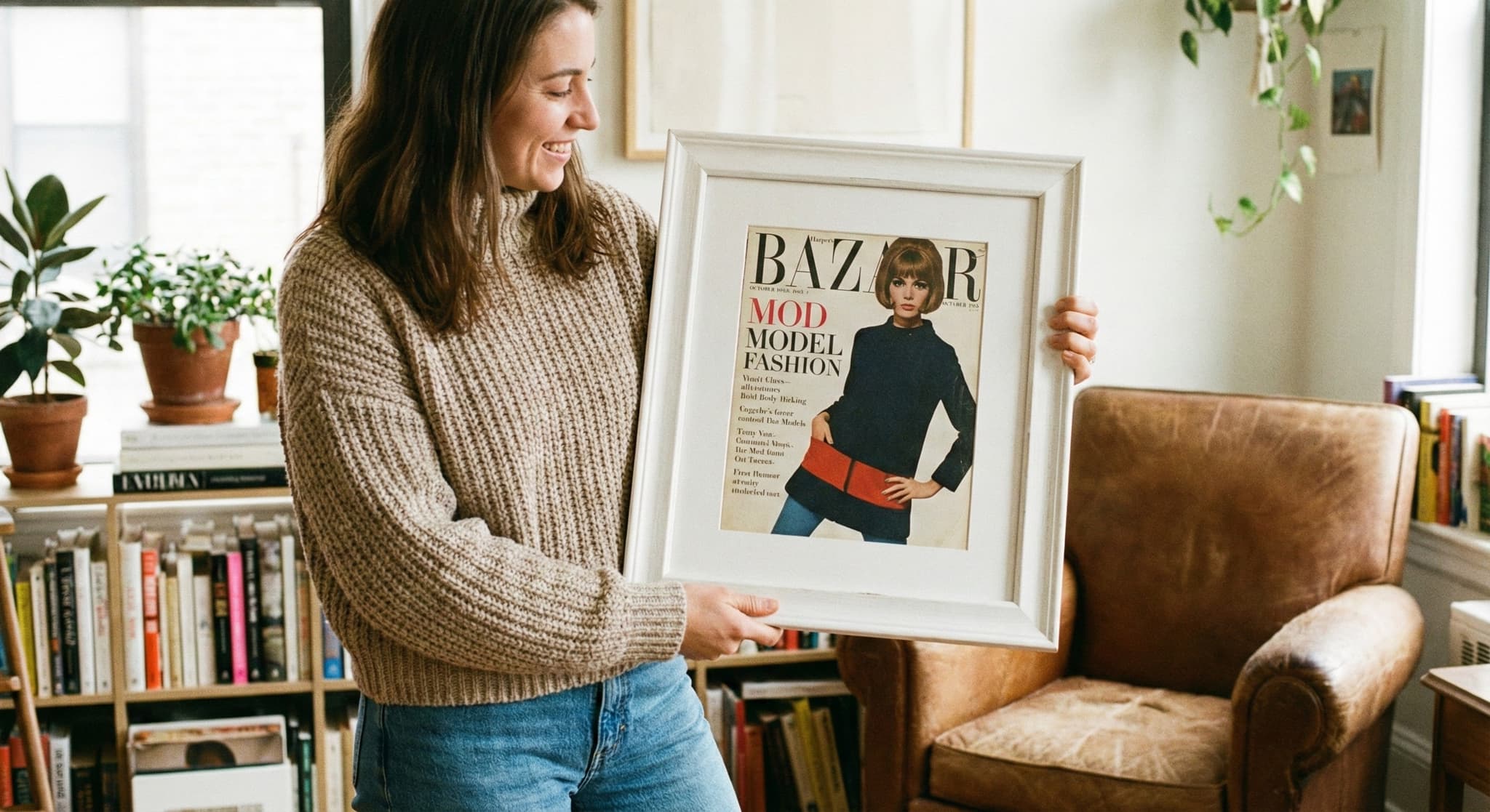 Vintage magazine art display in shadowbox frame with double mat