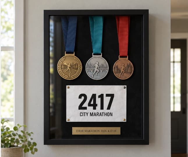 Black shadow box medal display case with three marathon finisher medals and a race bib pinned to black suede, with a brass nameplate.