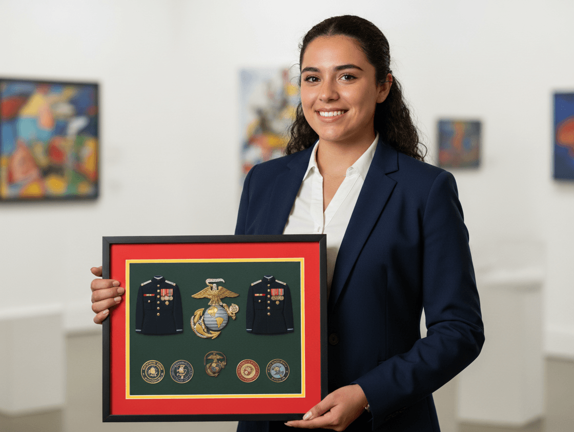 Marine Corps shadow box with the eagle, globe and anchor emblem, two dress uniform blouses and a row of unit challenge coins on a red and green mat
