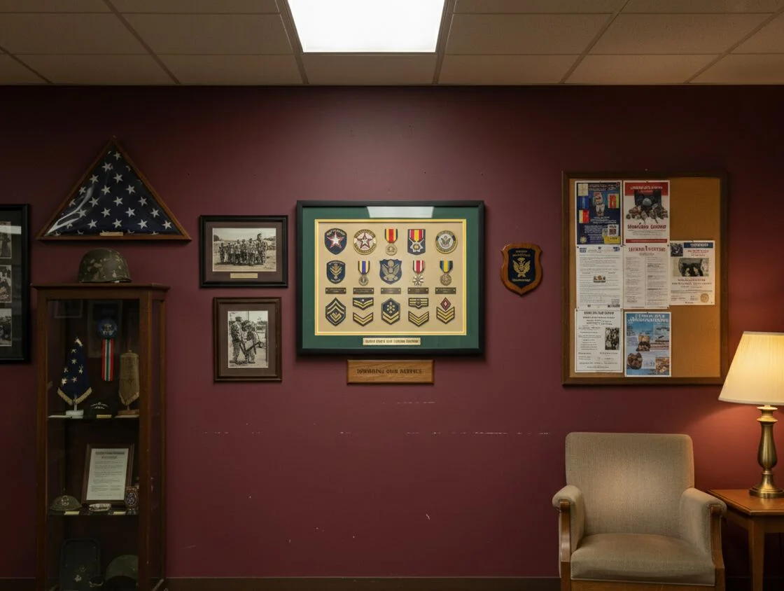 Military medals and insignia in custom shadow box