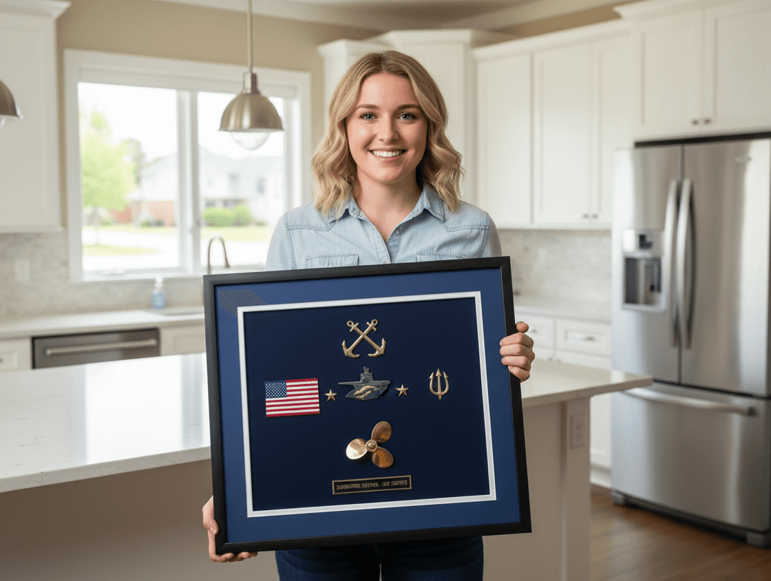 Navy shadow box with crossed anchors, gold aviator wings, a trident and a brass ship propeller on navy suede, held in a home kitchen