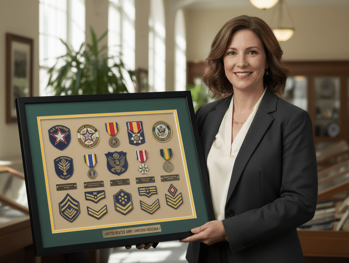 Army shadow box holding medals, unit patches and chevron rank insignia above an engraved United States Army nameplate