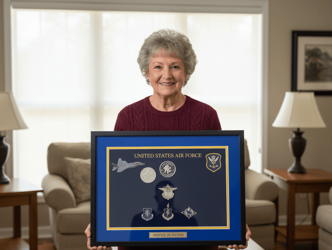 Military Frames. Medals, ribbons, patches, berets, and folded flags with branch-color matting.