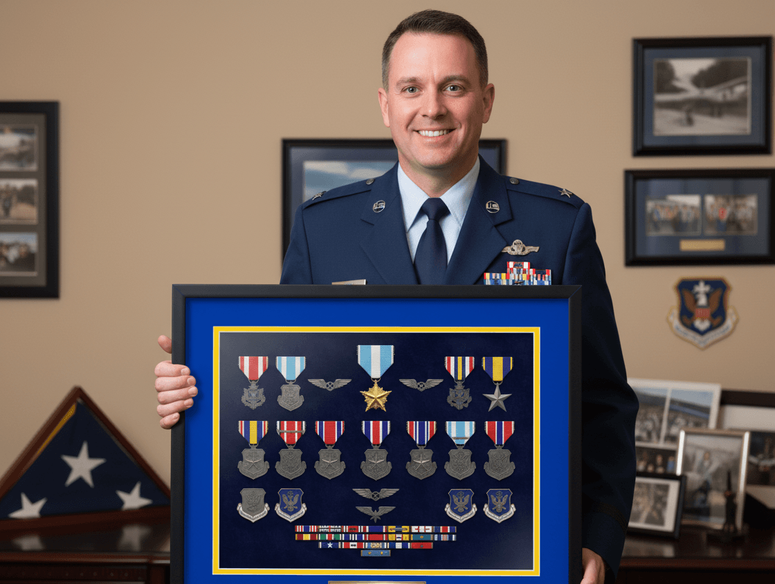 Air Force officer holding a blue and gold shadow box of career medals and a ribbon rack, with a folded flag on the shelf behind