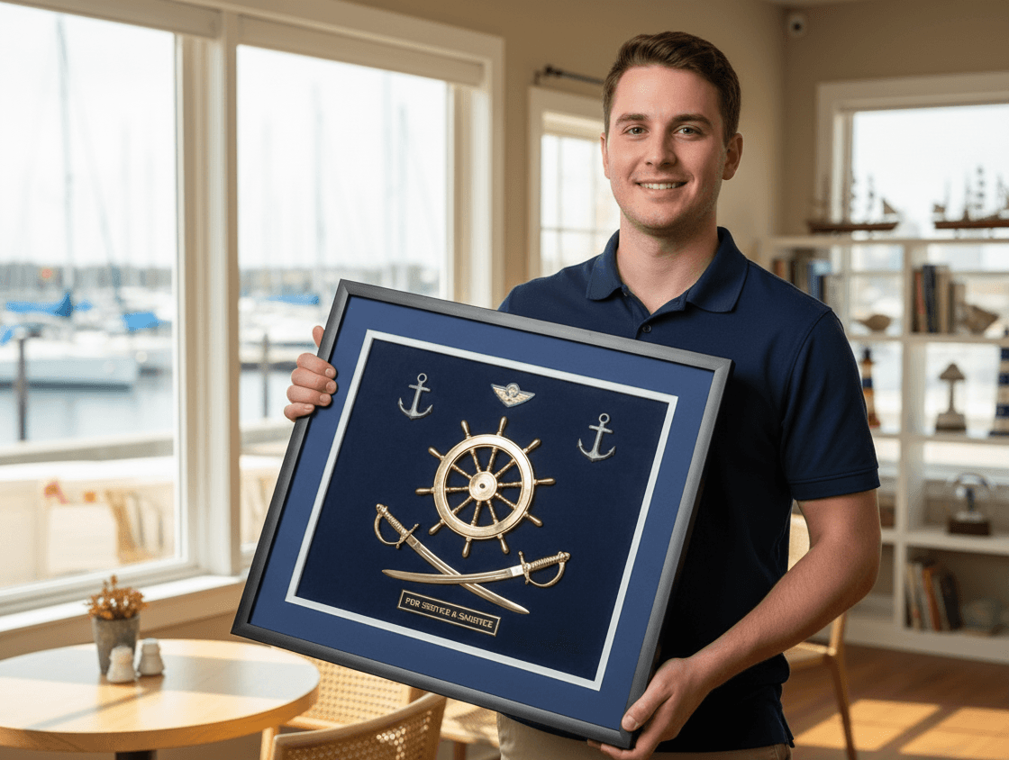 Navy shadow box with a ship's wheel, anchors, crossed swords and an engraved nameplate on navy suede, displayed in a waterfront home