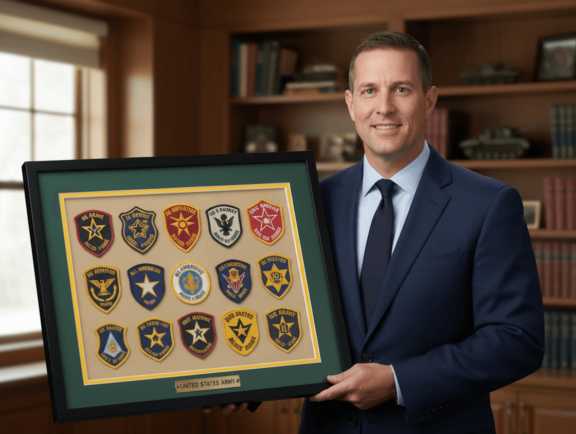 Shadow box filled with fifteen Army unit patches arranged in rows on a green mat with a brass nameplate