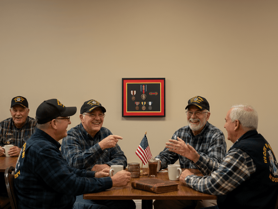 Veterans in service caps gathered around a table beneath a small framed medal display and an American flag