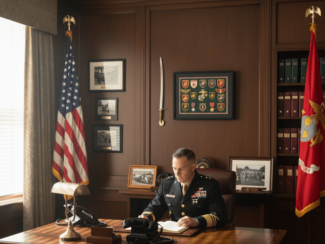 Military shadow box displaying medals, ribbons, and patches with premium suede backing