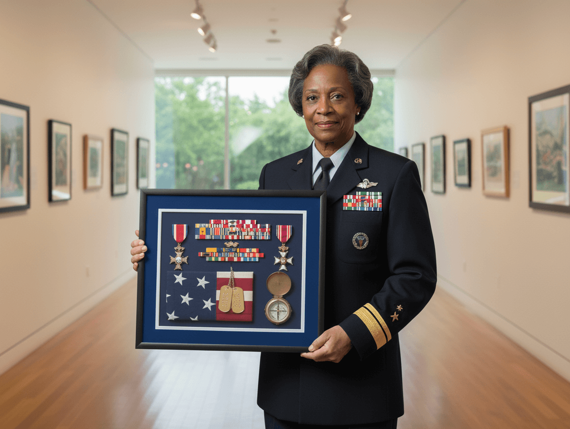 Navy officer in dress blues holding a shadow box of medals, service stars, a ribbon rack and a challenge coin