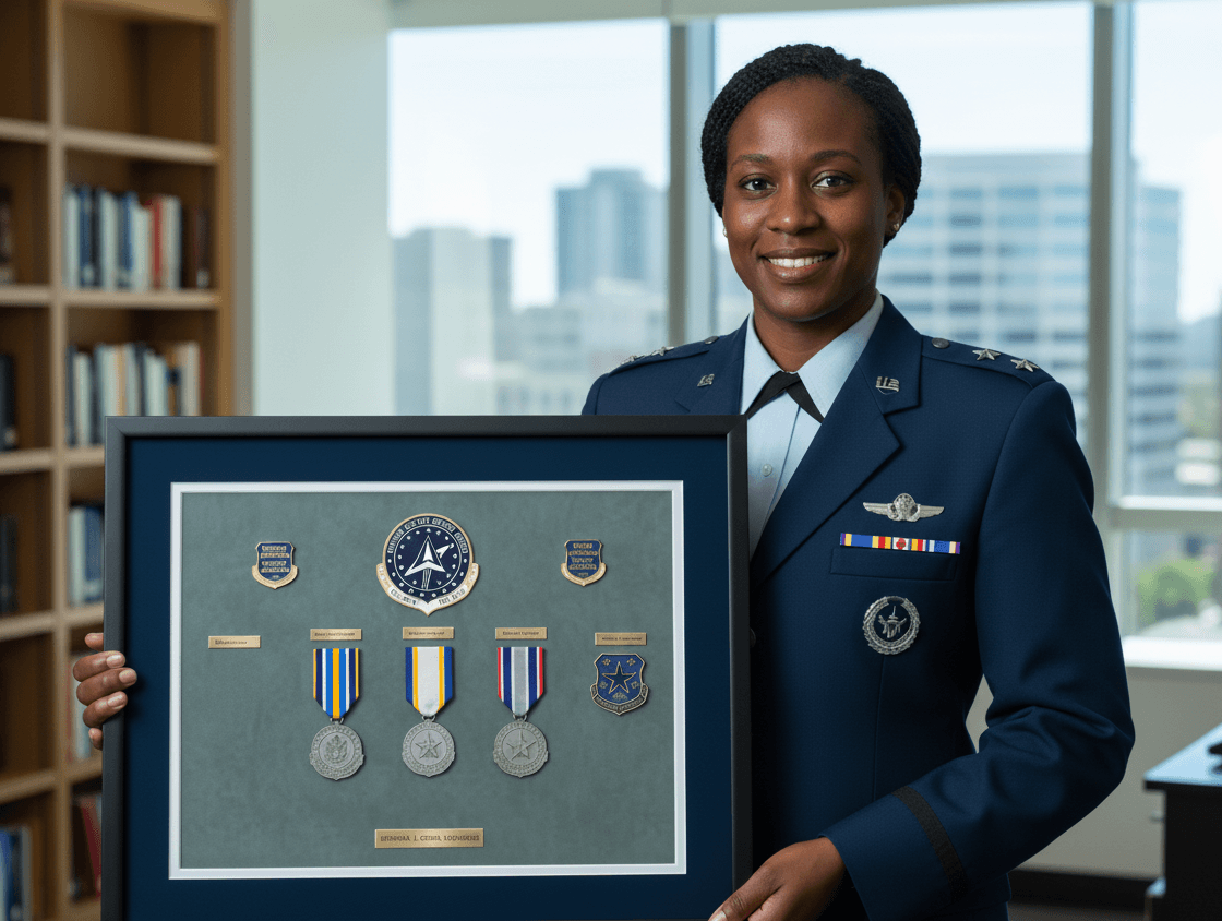 Air Force officer holding a gray-matted shadow box with three medals, ribbon bars, unit patches and an engraved nameplate