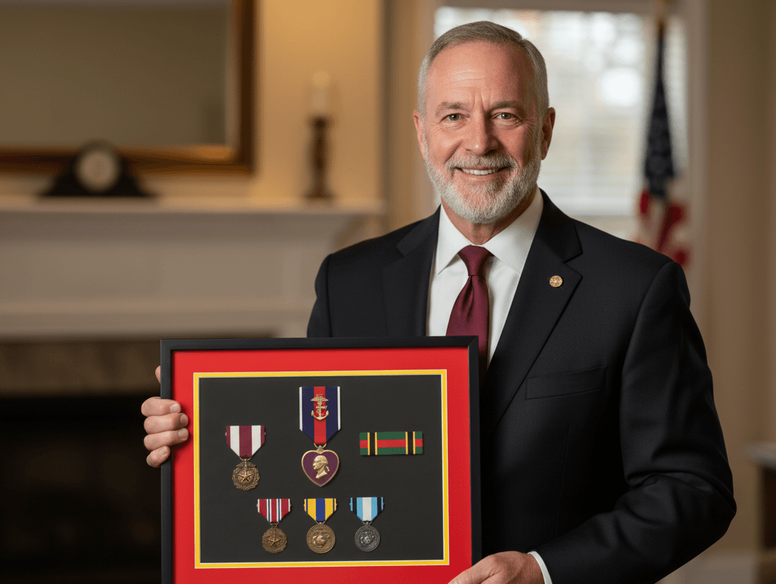 Marine Corps retirement shadow box in red and black with medals, ribbons and insignia, held beside a fireplace