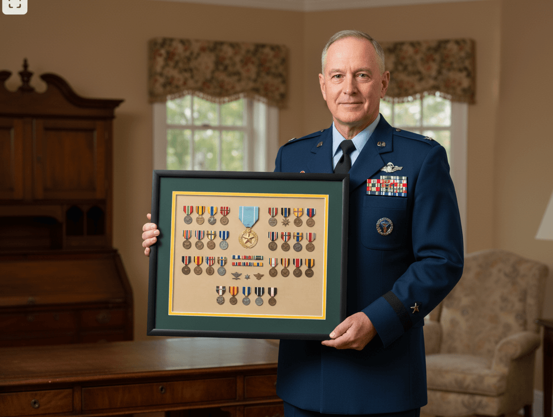 Full career Air Force medal and ribbon display in a green shadow box, held in a wood-paneled home study