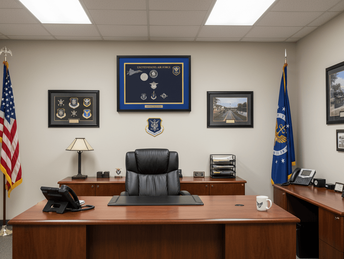 Air Force shadow box hung above an office desk between two smaller framed displays, flanked by flags