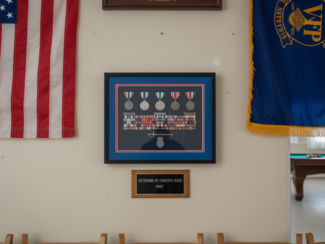 Branch-specific military display with coordinated mat colors and service memorabilia