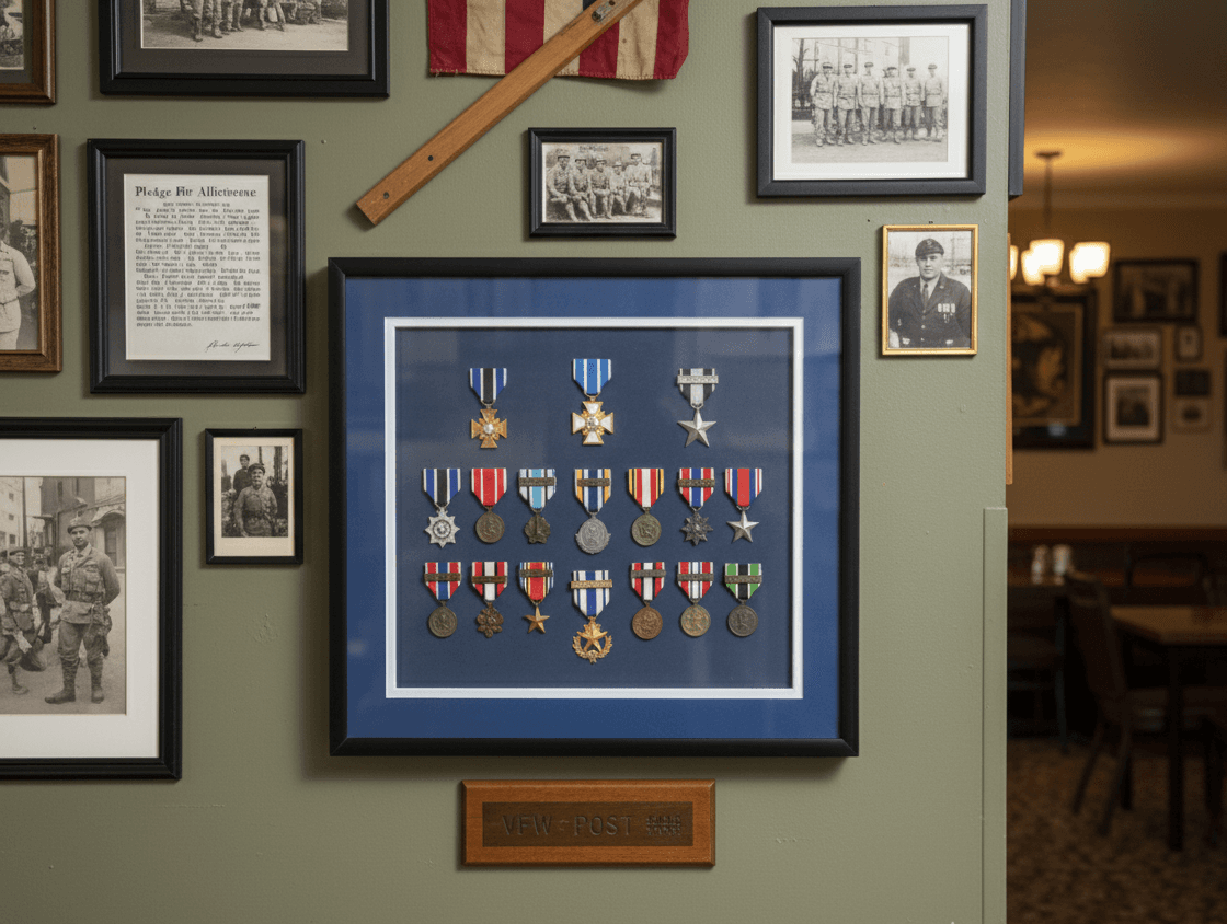 Compact military shadow box with ribbons and medals