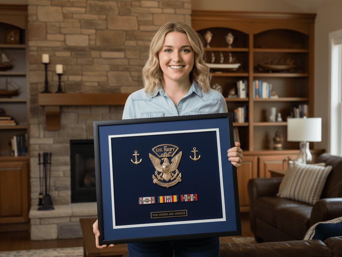 Large military shadow box displaying folded flag with medals and photos