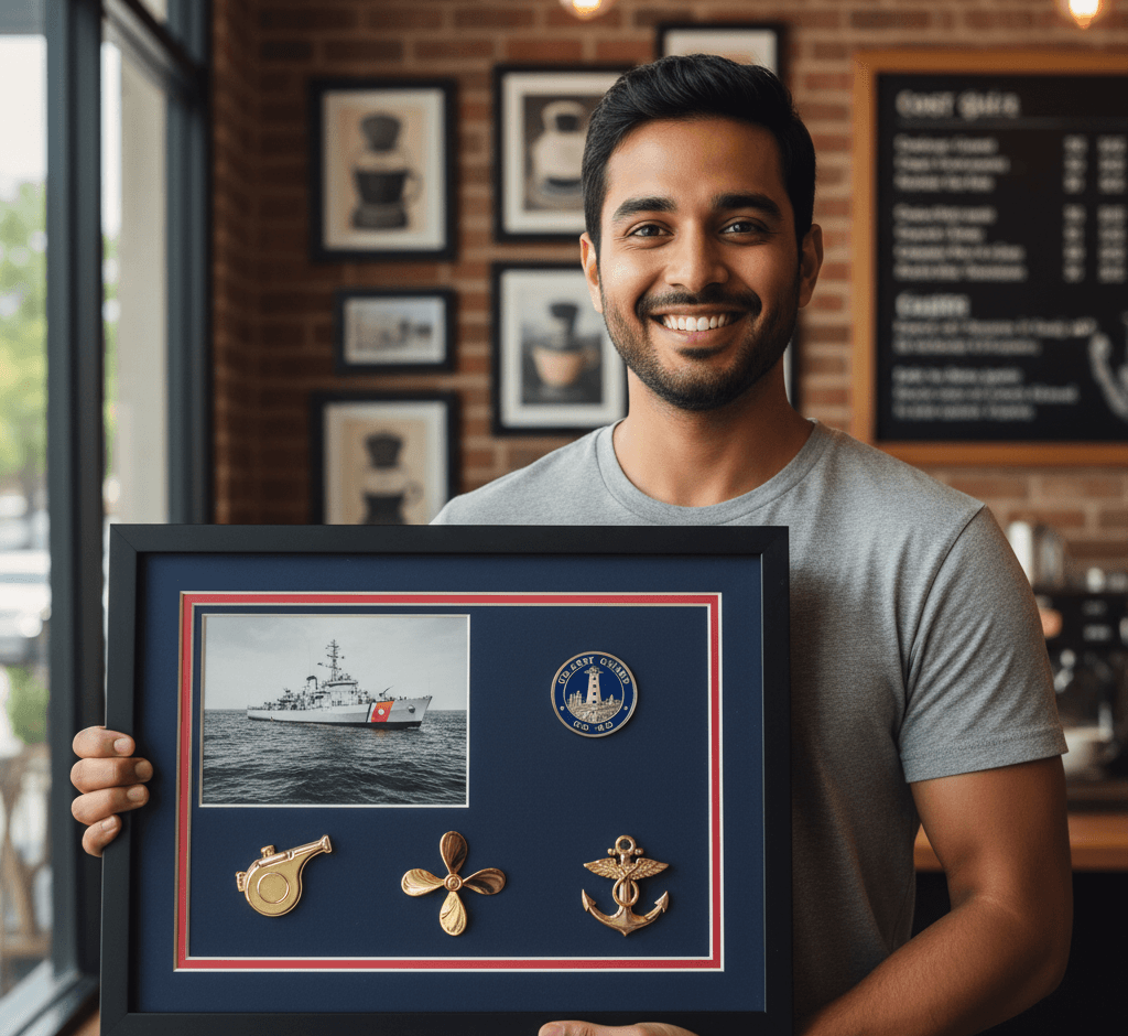 Well-maintained military shadow box display with preserved medals and memorabilia