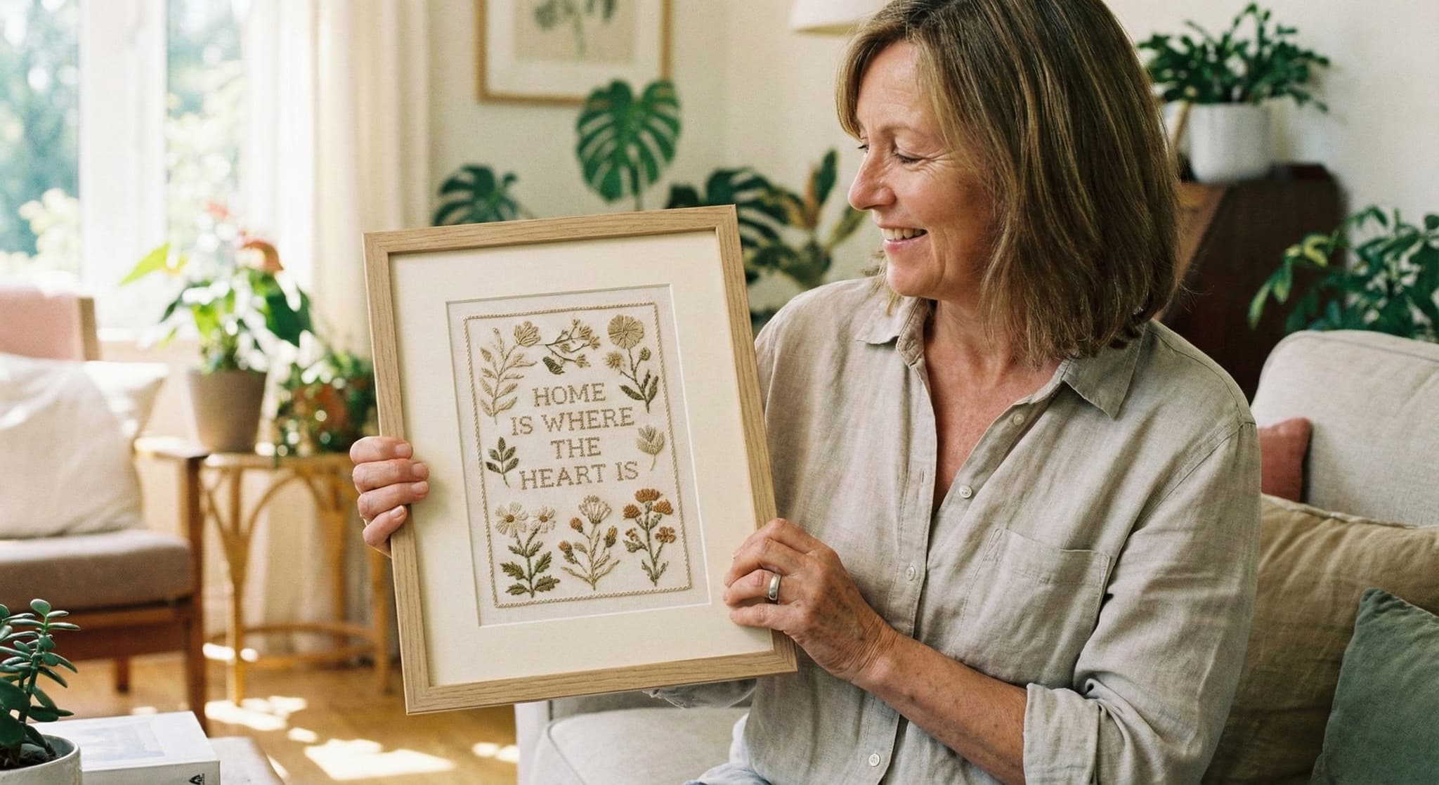 Woman holding framed Home Is Where The Heart Is cross-stitch with plants