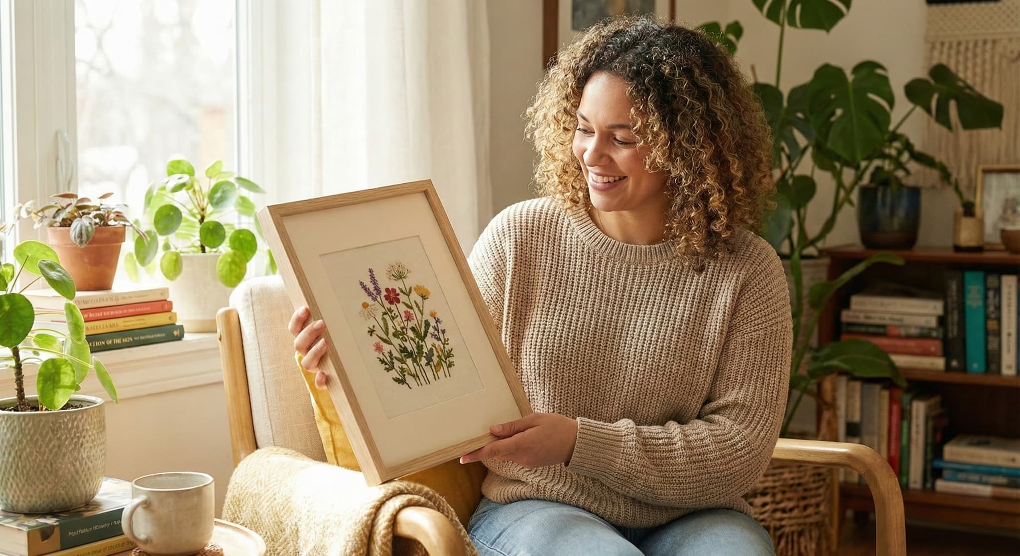 Woman with curly hair holding framed herb garden embroidery