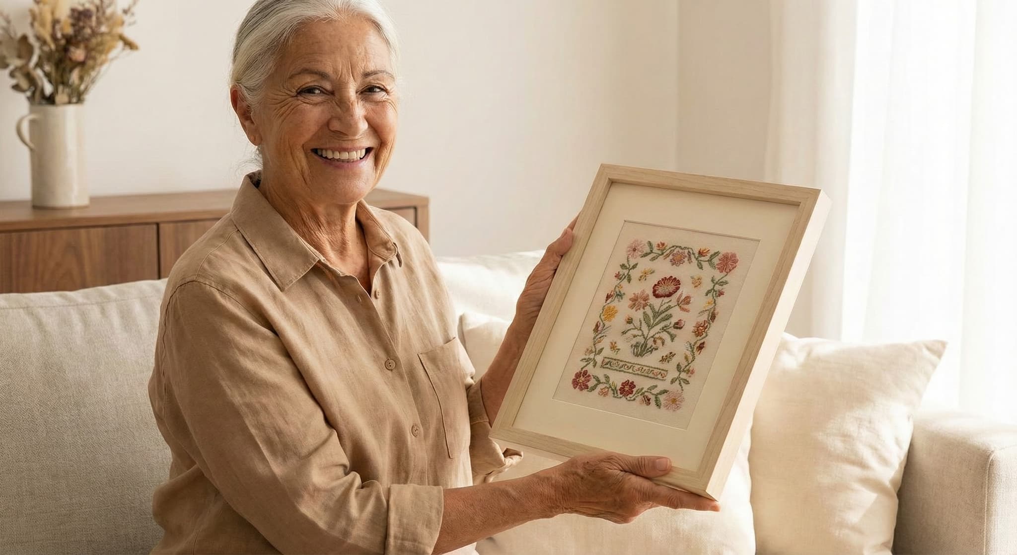 Senior woman smiling with framed floral sampler in bright living room
