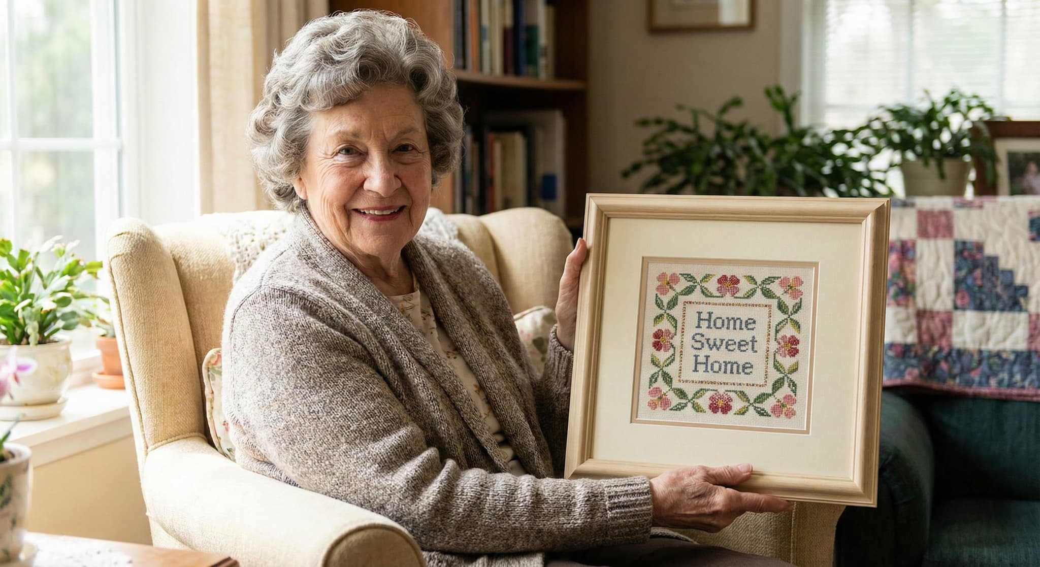 Senior woman holding framed Home Sweet Home cross-stitch with floral border
