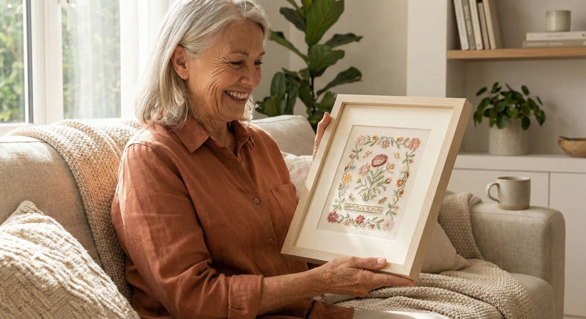 Senior woman on sofa with framed floral embroidery in natural light