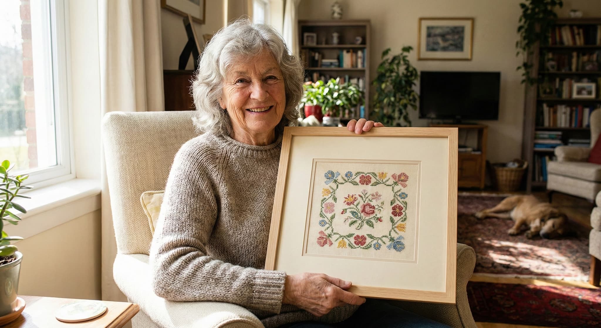 Senior woman holding framed floral cross-stitch with traditional border design