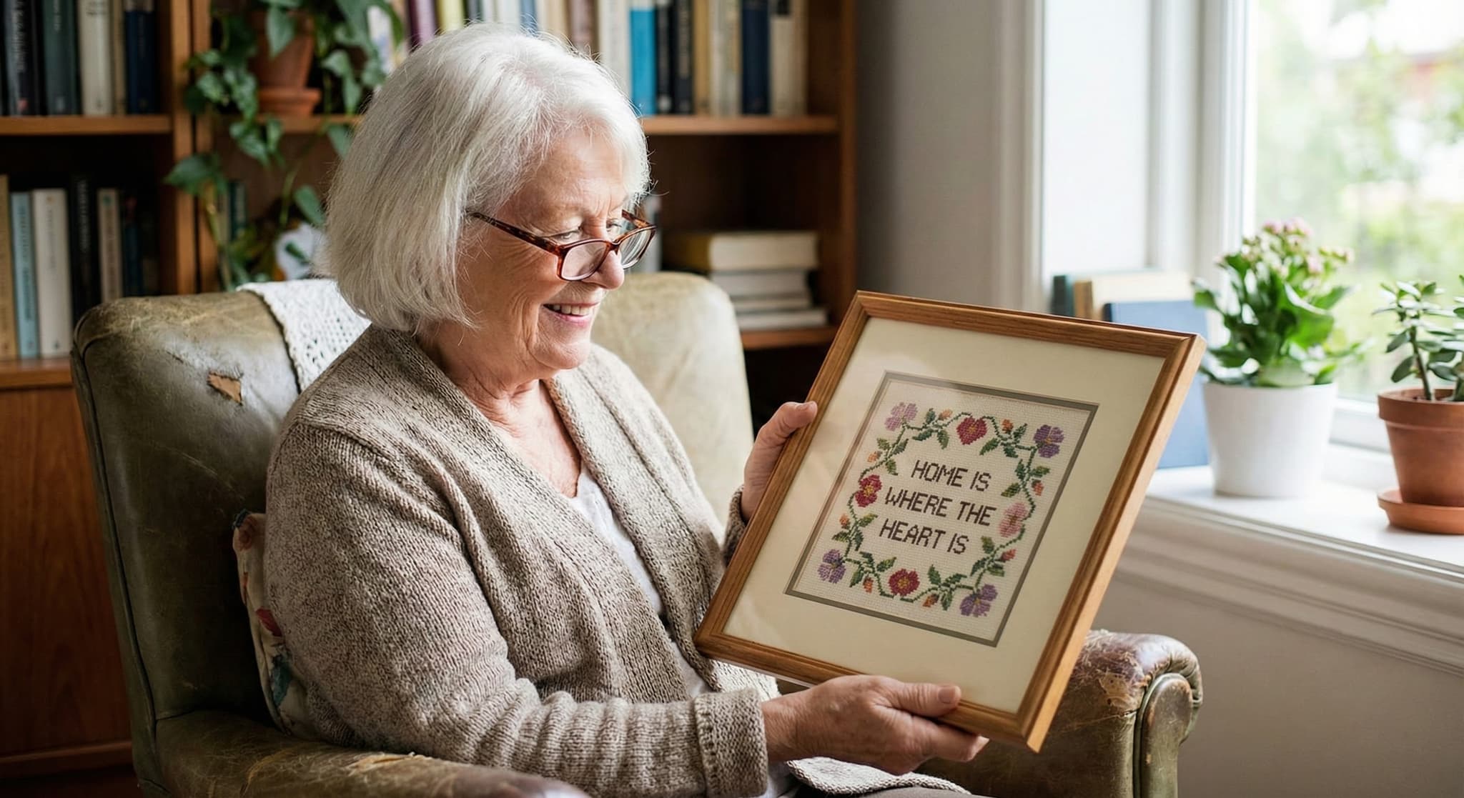 Senior woman admiring framed Home Is Where The Heart Is sampler by window