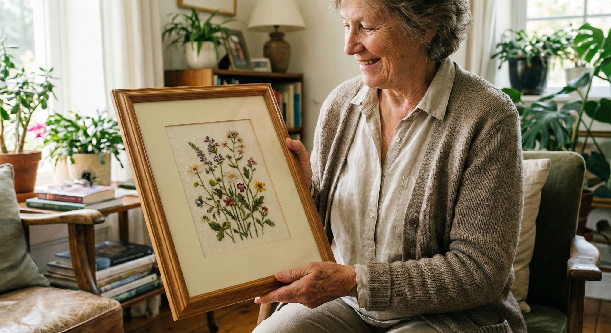 Senior woman in cardigan holding framed wildflower meadow embroidery