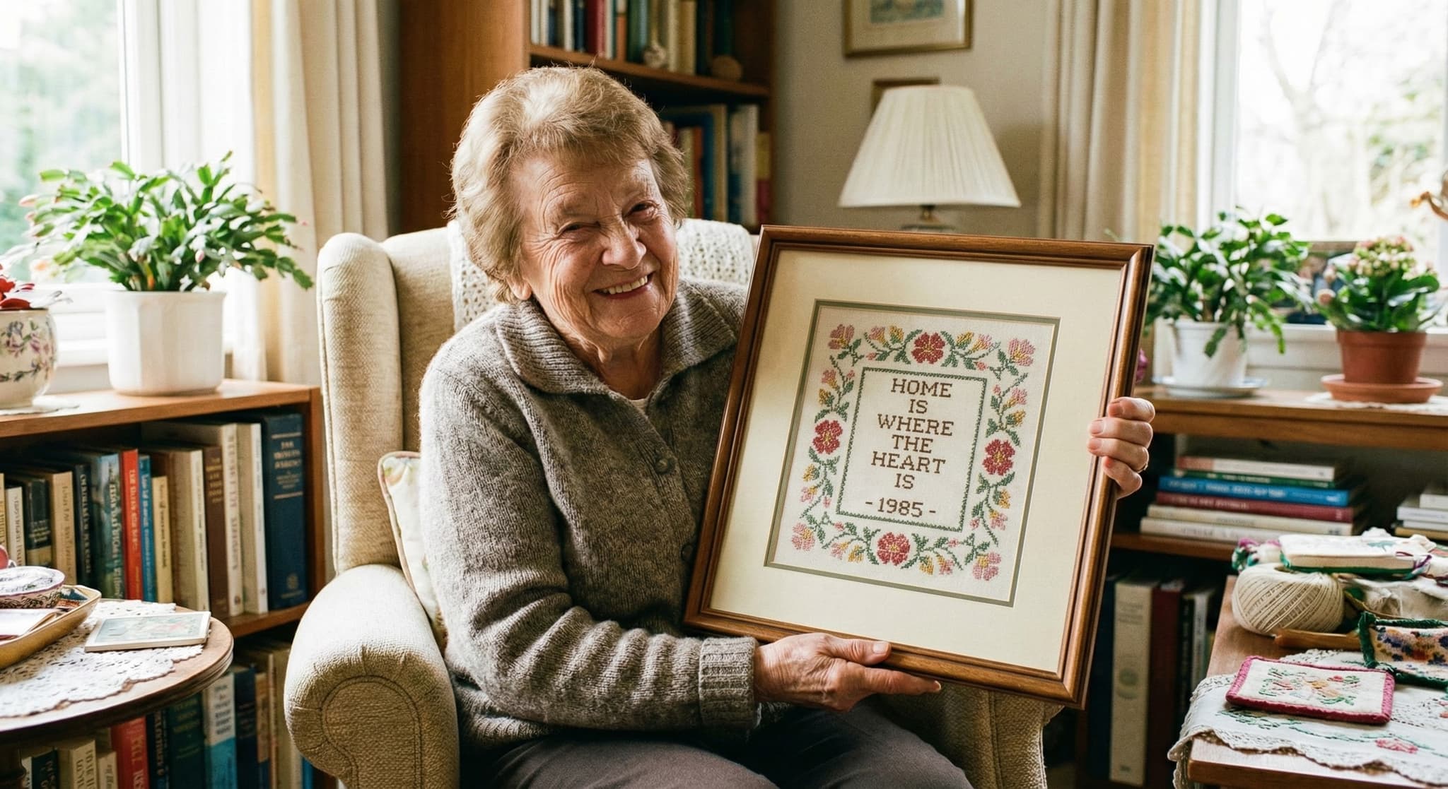 Senior woman holding framed vintage sampler dated 1985 in cozy setting