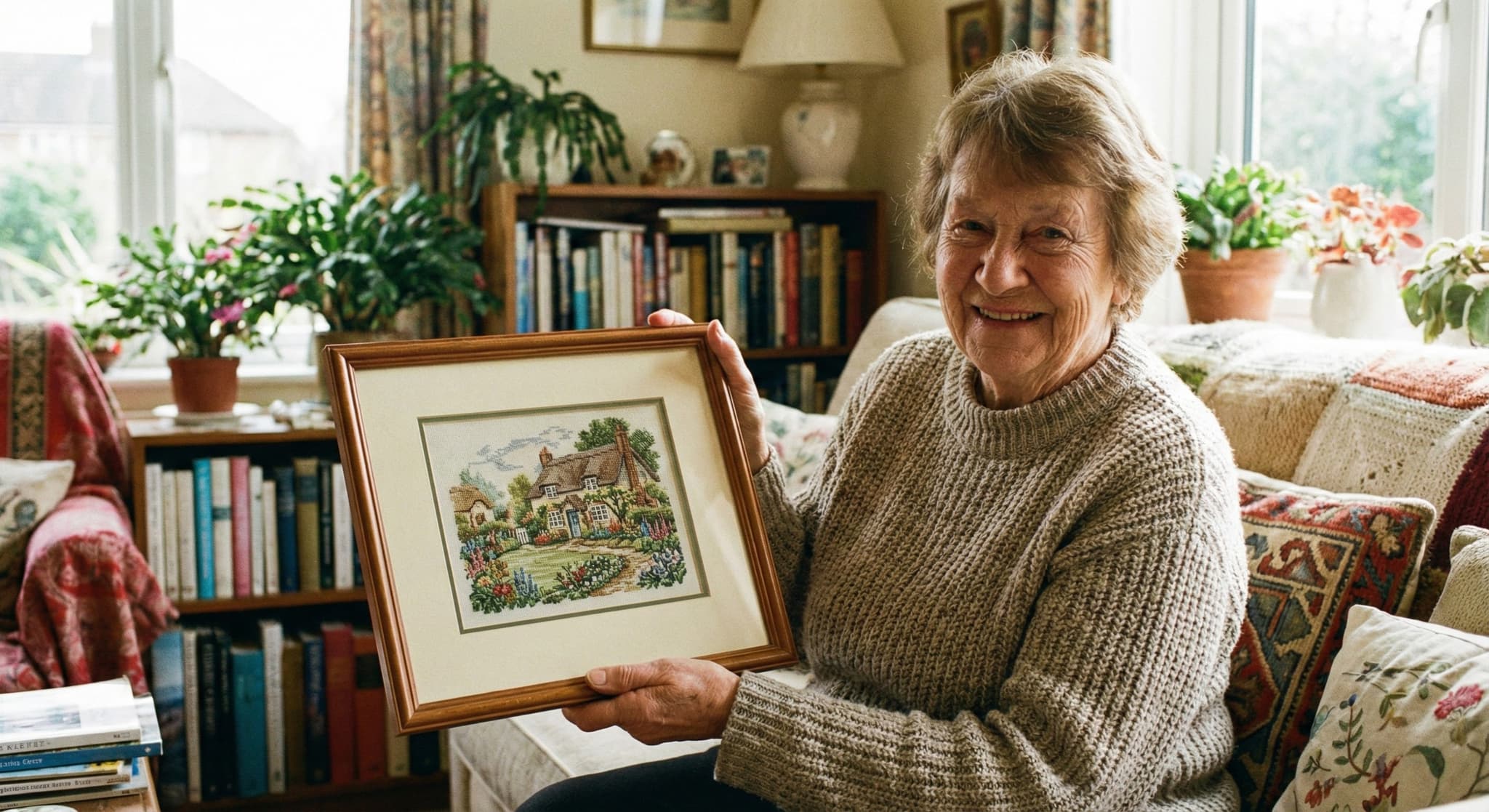 Senior woman displaying framed cottage garden cross-stitch scene
